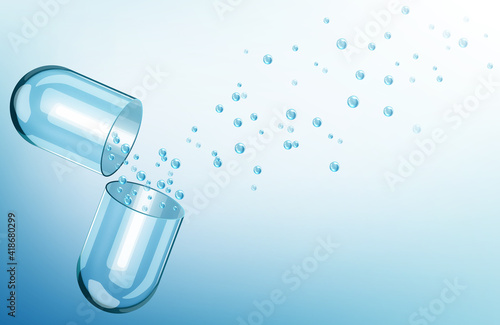 Open blue capsule pill with medicine leaking from it over a blue background.