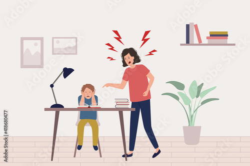 Child abuse concept. Mother yells at scared boy doing homework, kid is afraid and closes his ears with hands. Domestic violence, despotic parent, psychological abuse. Flat vector illustration.