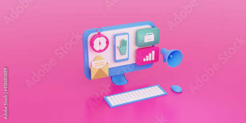 Personal computer apps tools for online marketing campaign concept  3d rendered with megaphone, email, compass, data analisyst
