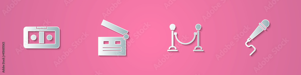 Set paper cut VHS video cassette tape, Movie clapper, Rope barrier and Microphone icon. Paper art style. Vector. Set paper cut VHS video cassette tape, Movie clapper, Rope barrier and Microphone icon. Paper art style. Vector.