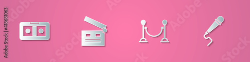 Set paper cut VHS video cassette tape, Movie clapper, Rope barrier and Microphone icon. Paper art style. Vector.