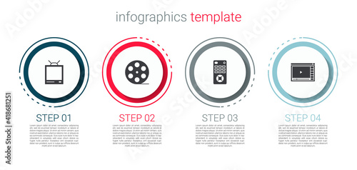Set Retro tv, Film reel, Remote control and Online play video. Business infographic template. Vector.