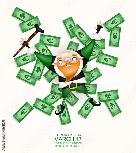 Happy St. Patrick's Day! Postcard, flyer, invitation. Character with a red beard in a patrick costume posing on a light background. Cartoon funny gnome with a cane lying on the banknotes. Vector illus