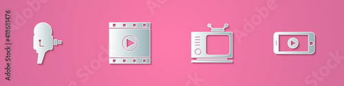 Set paper cut Retro cinema camera, Play Video, tv and Online play video icon. Paper art style. Vector.