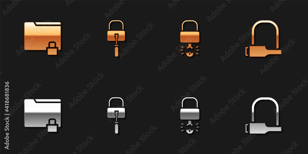 Set Folder and lock, Lock picks for picking, Key broke inside of padlock and Bicycle icon. Vector. Set Folder and lock, Lock picks for picking, Key broke inside of padlock and Bicycle icon. Vector.