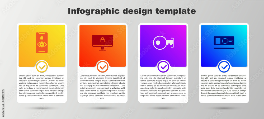 Set Eye scan, Lock on computer monitor, Key and card. Business infographic template. Vector. Set Eye scan, Lock on computer monitor, Key and card. Business infographic template. Vector.