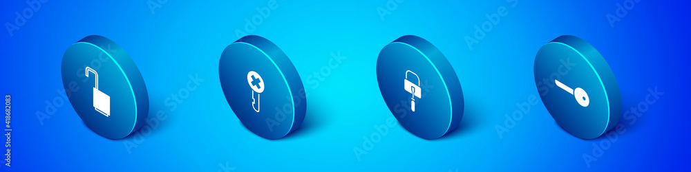 Set Isometric Open padlock, Lock picks for picking, Key and Wrong key icon. Vector. Set Isometric Open padlock, Lock picks for picking, Key and Wrong key icon. Vector.