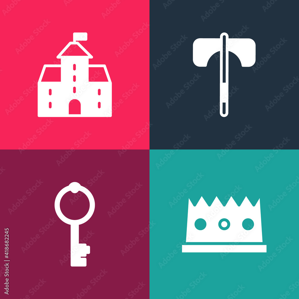 Set pop art King crown, Old key, Medieval axe and Castle, fortress icon. Vector. Set pop art King crown, Old key, Medieval axe and Castle, fortress icon. Vector.