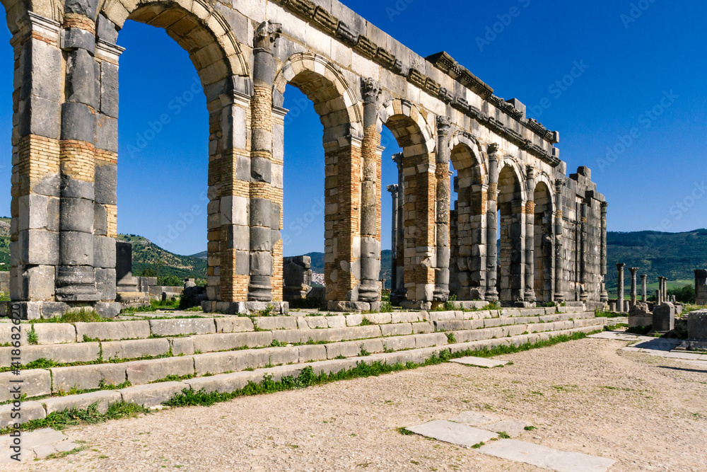 UNESCO heritage.
Extensive complex of ruins of the Roman city Volubilis - of ancient capital city of Mauritani. Meknes region,  Morocco, North Africa