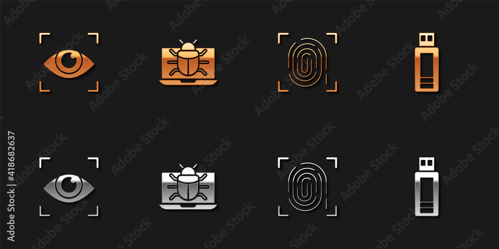 Set Eye scan, System bug on monitor, Fingerprint and USB flash drive icon. Vector. Set Eye scan, System bug on monitor, Fingerprint and USB flash drive icon. Vector.