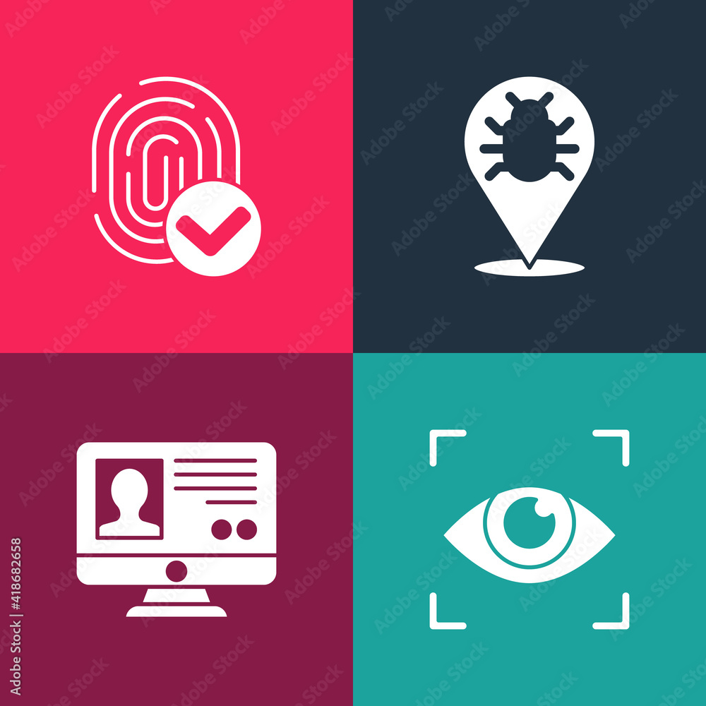 Set pop art Eye scan, Create account screen, System bug and Fingerprint icon. Vector. Set pop art Eye scan, Create account screen, System bug and Fingerprint icon. Vector.