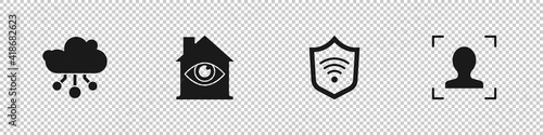 Set Internet of things, House with eye scan, Shield WiFi wireless and Face recognition icon. Vector.
