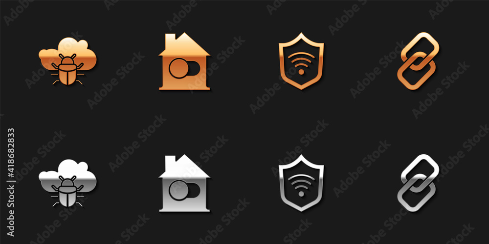 Set System bug on a cloud, Smart home, Shield with WiFi wireless and Chain link icon. Vector. Set System bug on a cloud, Smart home, Shield with WiFi wireless and Chain link icon. Vector.