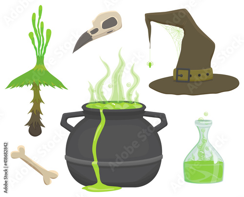 Vector graphics in flat style isolated on white background. Set of Illustrations poisonous acidic potion of a witch in a cauldron,poison in a flask, a raven skull, a mystical mushroom and a hand-drawn