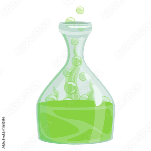 Vector graphics in flat style isolated on white background. Illustration of a poisonous acidic potion of a witch in a cartoon style hand-drawn in a glass flask with flying bubbles.