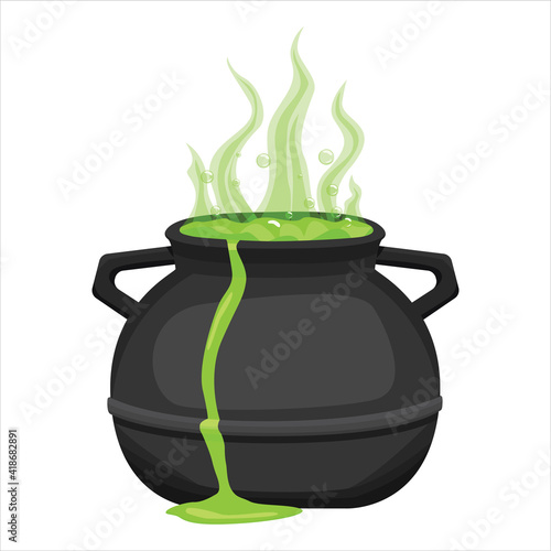 Vector graphics in flat style isolated on white background. Illustration of a poisonous acidic potion of a witch in a cartoon style hand-drawn in a large cauldron with flying bubbles and fumes.