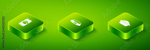 Set Isometric Pet food bowl, and Veterinary clinic icon. Vector.