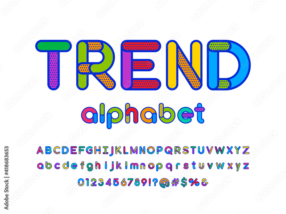 Colorful style alphabet design with uppercase, lowercase, number and symbols