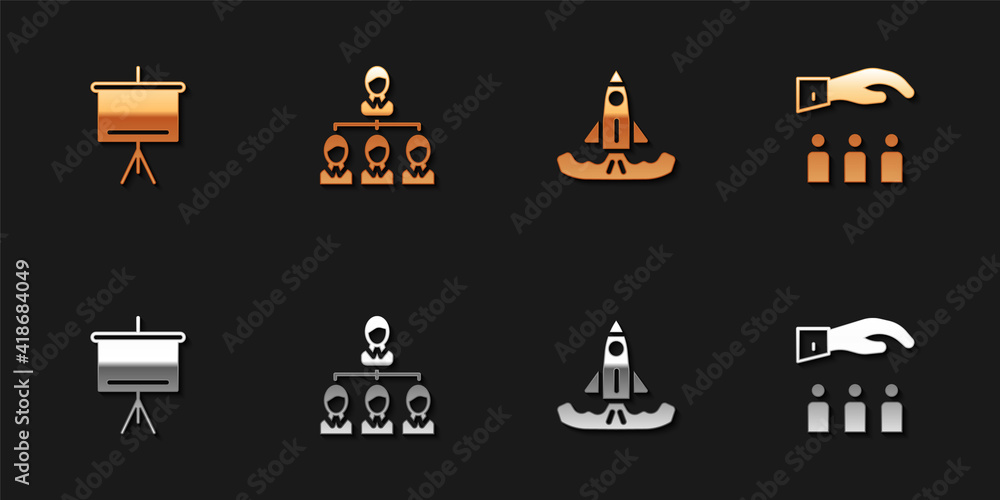 Set Chalkboard, Hierarchy organogram chart, Rocket and Boss with employee icon. Vector. Set Chalkboard, Hierarchy organogram chart, Rocket and Boss with employee icon. Vector.