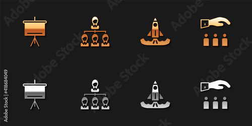 Set Chalkboard, Hierarchy organogram chart, Rocket and Boss with employee icon. Vector.