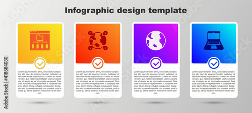 Set Browser files, Location on the globe, Earth and Laptop. Business infographic template. Vector.
