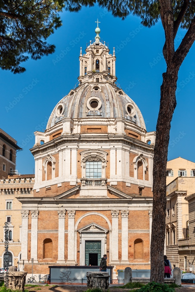 Exterior facade and entrance of catholic cathedral in Rome
