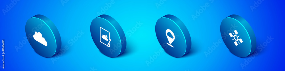 Set Isometric Cloud, Location cloud, Snowflake and Weather forecast icon. Vector. Set Isometric Cloud, Location cloud, Snowflake and Weather forecast icon. Vector.