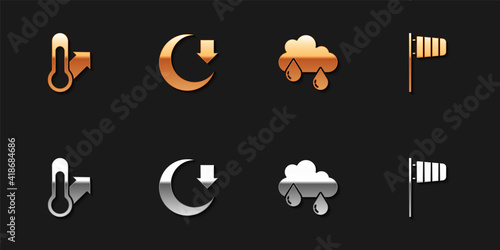 Set Meteorology thermometer, Moon, Cloud with rain and Cone windsock wind vane icon. Vector.