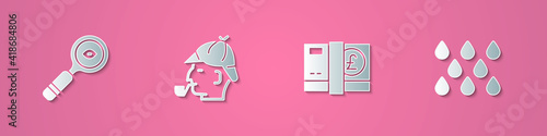 Set paper cut Magnifying glass, Sherlock Holmes, Pound sterling money and Water drop icon. Paper art style. Vector.