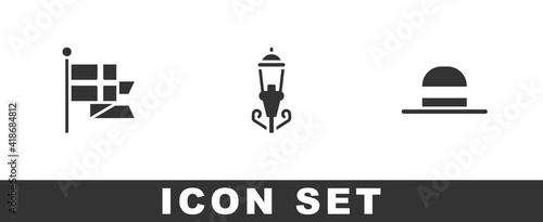 Set England flag on flagpole, Vintage street light and Elegant women hat icon. Vector.