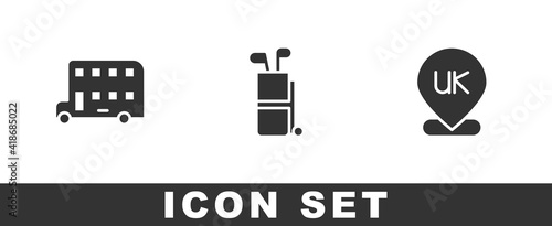 Set Double decker bus, Golf bag with clubs and Location England icon. Vector.