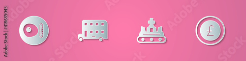 Set paper cut British breakfast, Double decker bus, crown and Coin money with pound icon. Paper art style. Vector.