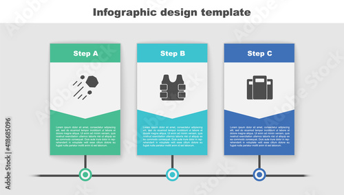 Set Flying stone, Bulletproof vest and Police assault shield. Business infographic template. Vector.