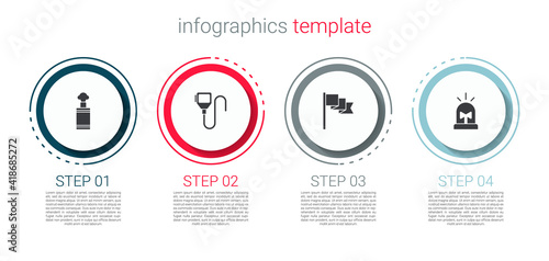 Set Hand grenade, Walkie talkie, Location marker and Flasher siren. Business infographic template. Vector.