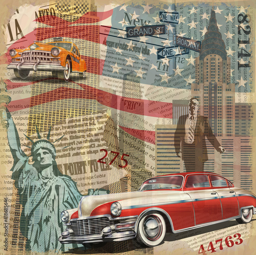 Vintage poster New York torn newspaper background.