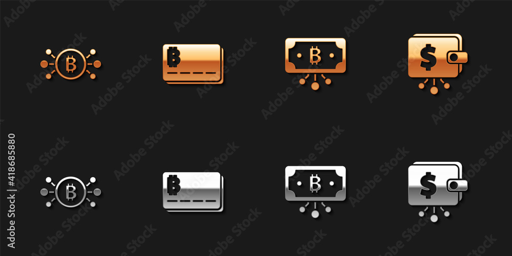 Set Bitcoin in circuit, Credit card with bitcoin, and Cryptocurrency wallet icon. Vector. Set Bitcoin in circuit, Credit card with bitcoin, and Cryptocurrency wallet icon. Vector.
