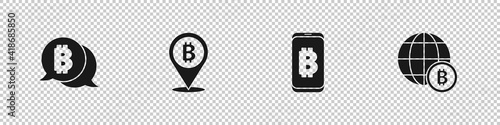 Set Bitcoin, , Mining bitcoin from mobile and Globe icon. Vector.