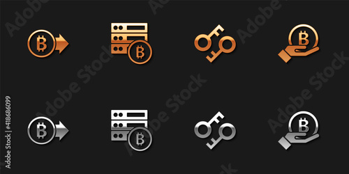 Set Bitcoin, Server bitcoin, Cryptocurrency key and Hand holding icon. Vector.