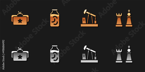 Set Ushanka, Pickled cucumbers in jar, Oil pump or pump jack and Chess icon. Vector.
