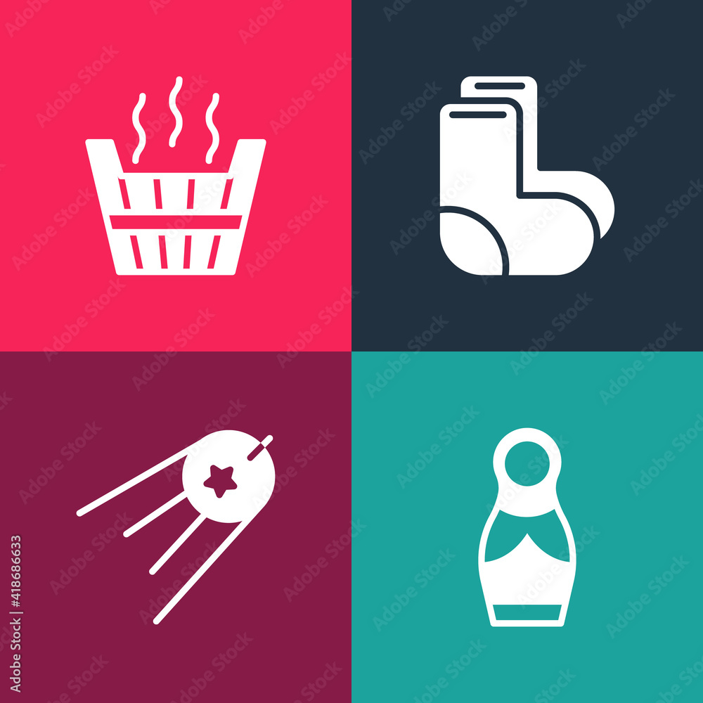 Set pop art Russian doll matryoshka, Satellite, Valenki and Sauna bucket icon. Vector. Set pop art Russian doll matryoshka, Satellite, Valenki and Sauna bucket icon. Vector.