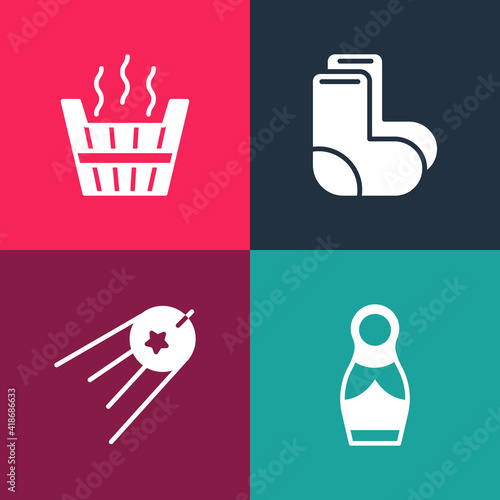 Set pop art Russian doll matryoshka, Satellite, Valenki and Sauna bucket icon. Vector.