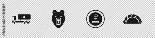 Set Tanker truck, Bear head, Rouble, ruble currency and Dumpling icon. Vector.