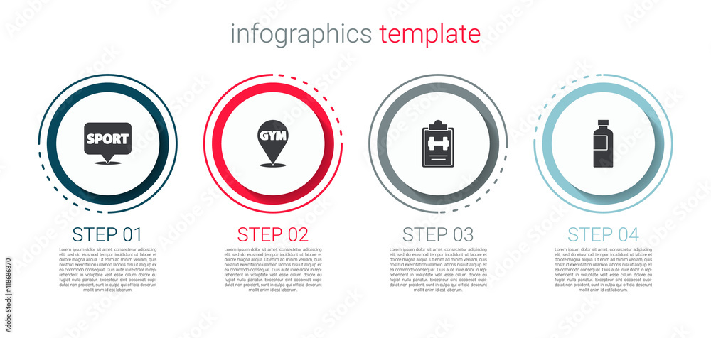 Set Location gym, , Sport training program and Fitness shaker. Business infographic template. Vector. Set Location gym, , Sport training program and Fitness shaker. Business infographic template. Vector.