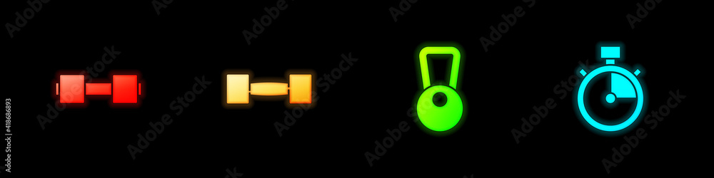 Set Dumbbell, , Kettlebell and Stopwatch icon. Vector. Set Dumbbell, , Kettlebell and Stopwatch icon. Vector.