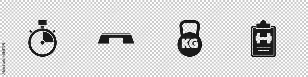 Set Stopwatch, Step platform, Kettlebell and Sport training program icon. Vector. Set Stopwatch, Step platform, Kettlebell and Sport training program icon. Vector.