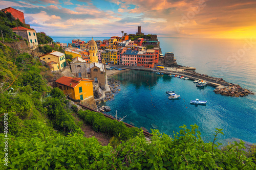 Vernazza village view from the hiking trail, Cinque Terre, Italy