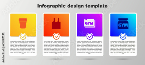 Set Fitness shaker, Sleeveless T-shirt, Online fitness and training and Sports nutrition. Business infographic template. Vector.