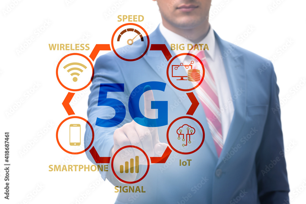 Businessman pressing button in 5g concept Businessman pressing button in 5g concept