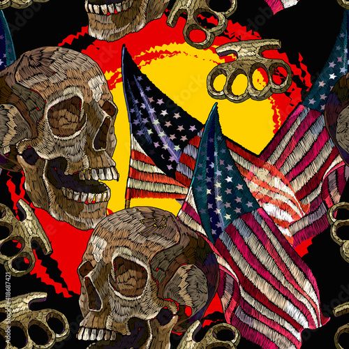 Embroidery skulls, yellow sun, brass knuckles and rippled American flag, seamless pattern. Bikers lifestyle background. Template for clothes, t-shirt design. Patriotic art