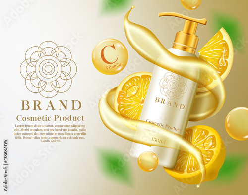 Cosmetics lemon product vector banner template. Cosmetic lime products in bottle element with natural extract essence for vitamin skin care brand advertisement promotion. Vector illustration

